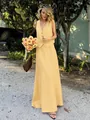 Completo due pezzi giallo zenzero in lino con gilet abbottonato e gonna lunga svasata - S / Giallo