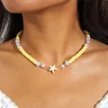 Bohemian beach style necklace with yellow clay beads and a white starfish pendant - Bright Yellow Soft Clay Pearl Starfish Style (29958-yellow)