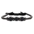 Detail of adjustable men's beaded bracelet with blue zircon cylinders and black cord - Gunmetal Black Blue Zirconia Wheel Beads