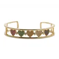 Elegant gold-tone open cuff bracelet with five colorful pavé heart-shaped crystals - Multicolor Heart Row