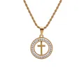 Hip hop gold twist chain necklace with rhinestone encrusted circular cross pendant - Round Ring Pave Rhinestone Cross Style (SSN00017ST)