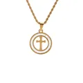 Hip hop gold cross pendant necklace with pearl-like inlay and twisted rope chain - Shell Round Ring Cross Style (SSN00013ST)