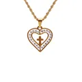Gold plated heart cross pendant necklace with rhinestones and twisted rope chain - Heart Frame Rhinestone Cross Style (SSN00030ST)