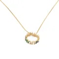 Goldene Halskette mit rundem Anhänger und bunten Regenbogen-Zirkonia-Steinen im Baguetteschliff - Regenbogen-Stufenring A-Stil