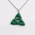 Malachite triquetra celtic knot pendant with silver chain necklace on white background - Malachite Pattern (NSN00064)