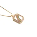 Detailed macro of gold geometric pendant with rainbow zircons and pink gemstones - White Enamel Octagonal Rainbow Style (YH00895)