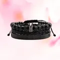3-delige zwarte herenarmbandset met kroonhanger en gegraveerde roestvrijstalen manchet - Set van 3 / Zwart