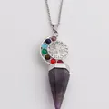 Lebensbaum Chakra-Halskette mit sieben bunten Perlen und violettem Kristallanhänger - Amethyst-Stil (NSN00323)