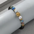 Mens 8mm beaded bracelet with gold lion head, matte black beads and turquoise stones - Gold Lion Head With Mixed Stone Beads (ML-XY000145)
