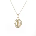 Detail of gold Virgin Mary pendant with micro-pave cubic zirconia and radiant sunray frame - Oval Sunburst Style (CN001213CX)