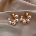 French vintage C-shaped gold metal earrings with white pearls on champagne silk background - 6# Silver Post Stud Earrings - Eco-Friendly - White