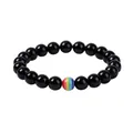 Macro detail of polished black lava beads bracelet with a vibrant rainbow striped bead - Glossy Black Stone Bracelet