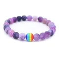 Purple crackle stone beaded bracelet featuring a colorful rainbow stripe center bead - Purple Weathered Stone