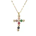 Collana a croce dorata con zirconi colorati a forma di cuore e fiori su bianco - Croce Colorata Cluster di Fiori a Cuore (CCN001569CX)