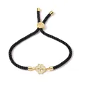 Adjustable woven black rope bracelet featuring a gold clover charm with sparkling zircons - Four-Leaf Clover