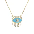 Gold Evil Eye necklace with blue enamel, zircon eyelashes and crystal teardrop charms - Teardrop Zirconia Tassel Evil Eye Style (CN001546CX)