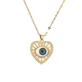 Golden heart necklace with blue evil eye pendant and zircon stones on white background - Hollow Heart Blue Evil Eye Style (CN001549CX)