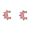 Chic pink enamel moon stud earrings with gold plating and decorative beads on white background - Pink