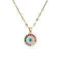 Gold Evil Eye necklace featuring colorful cubic zirconia stones on white background - Sunburst Colorful Zirconia Evil Eye Style (CN001548CX)
