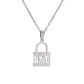Polished stainless steel couple's necklace featuring a love heart puzzle lock pendant - Silver Hollow LOVE Lock (CS00230)