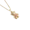 Collier ours doré avec pierres de zircon blanches et roses sur chaîne maille - Ours à rayures gemmes rouges