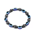 Bracelet en hématite magnétique 8mm avec perles œil bleu pour homme - Style Perles Rondes Gris Foncé avec Mauvais Œil Ovale (Magnétique)