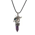 Vintage silver dragon necklace with hexagonal purple crystal pendant on black cord - Amethyst Wax Rope