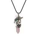 Retro silver dragon head pendant with hexagonal pink crystal on a black cord - Rose Quartz Wax Cord
