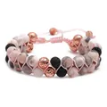 Handgefertigtes zweilagiges Yoga-Armband mit rosa Zebrastein und schwarzen Lavaperlen - Zweireihige Rosa Kordel Geflochten / Rosa Zebra Jaspis