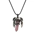 Pendente a drago vintage con colonna esagonale di cristallo rosa su cordino nero - Quarzo rosa