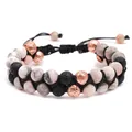 Doppelreihiges geflochtenes Armband aus rosa Zebra-Jaspis und schwarzem Lavastein - Zweireihige Schwarze Kordel Geflochten / Rosa Zebra Jaspis