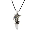 Vintage silver dragon pendant necklace with white hexagonal crystal and blue stone eye - White Stone Wax Rope
