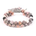 Verstellbares Yoga-Armband mit Lavastein, rosa Zebraperlen und roségoldener Wabenstruktur - Zweireihige Graue Kordel Geflochten / Rosa Zebra Jaspis
