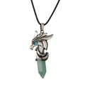 Vintage silver dragon head necklace with green hexagonal crystal pillar pendant on white backdrop - Aventurine Wax Cord