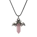 Vintage Bat-Anhänger mit rosa Hexagon-Kristall an schwarzer Kordelkette - Rosenquarz (CN000503) Wachsseil