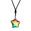 Pentagram rainbow crystal pendant necklace with golden metal edge on brown woven cord - Blue Yellow Rose Gradient Star
