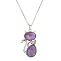 Collana con ciondolo a forma di gatto in pietre di ametista viola e catena d'argento - Stile Ametista (NSN0146)