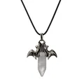 Gothic Fledermaus Anhänger mit hexagonalem weißem Kristall an schwarzer Lederschnur - Weißer Stein (CN000501) Wachsseil