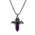 Vintage Gothic-Fledermausanhänger mit lila Hexagon-Kristall und schwarzer Kordel - Amethyst (CN000498) Wachsseil