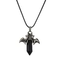 Gothic Fledermaus-Halskette mit schwarzem hexagonalen Kristallanhänger an schwarzer Kordel - Schwarzer Achat (CN000499) Wachsseil