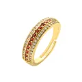 Gold adjustable wide ring featuring three rows of red and white cubic zirconia crystals - Gold with Red