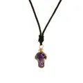 Handmade wire-wrapped purple crystal mushroom pendant on dark brown woven cord - Gold & Amethyst