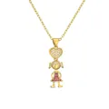Collier doré avec pendentif cœur et petite fille orné de zircons roses et blancs - Cœur avec Fille