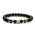 Pulsera de hombre de acero inoxidable con ojo de tigre, cuentas negras y amuleto plateado - Crisocola