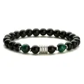 Pulsera de cuentas de ónix negro y malaquita verde con cilindro de metal plateado texturizado - Ojo de Tigre Verde