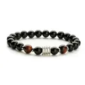 Pulsera para hombre de ojo de tigre y cuentas negras con cilindro de plata texturizada - Ojo de Tigre Rojo