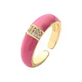 Anillo bañado en oro de 18K con esmalte rosa y piedras de circonita micro-engastadas - Abierto Ajustable / Rosa