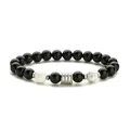 Pulsera elástica con cuentas de ojo de tigre, piedras negras y cilindro de metal plata - Turquesa Blanca
