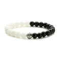 Bracelet 8mm en œil de tigre et pierre de lave avec perles noires, blanches et argentées - Blanc Porcelaine + Pierre Polie