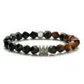 Pulsera para hombre con cuentas de ágata negra y ojo de tigre con detalles metálicos - Ojo de Tigre + Ágata Negra